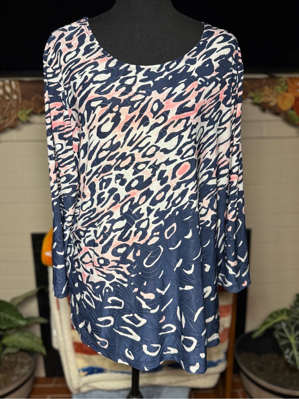 JM Collection B Navy, Pink & White Animal Print Long Sleeve Top